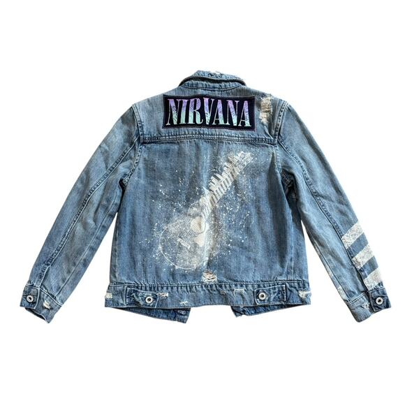 NIRVANA 90s Guitar Upcycled Distressed Denim Jacket Retro Vintage Kids Size M - Picture 8 of 11